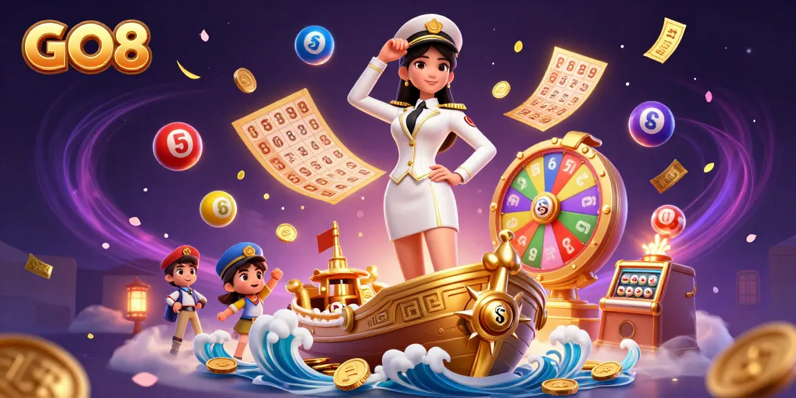 Join the excitement at GO8 with vibrant lottery elements and a stunning 3D casino scene.