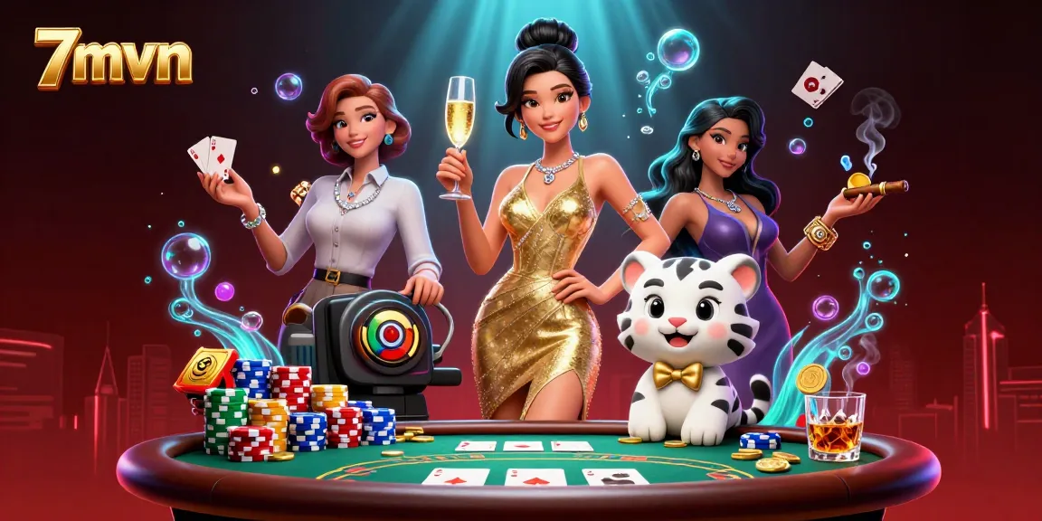 Experience the excitement of 7mvn with a glamorous casino scene featuring poker action and gold coins.