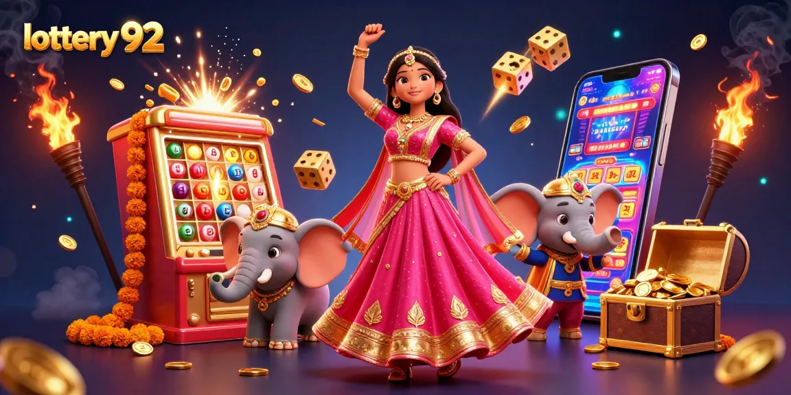 Experience the excitement of lottery 92 with colorful balls bursting from a dynamic lottery machine and vibrant characters.