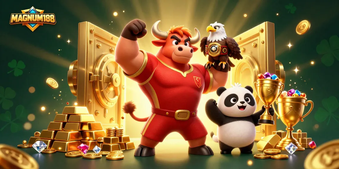Experience MAGNUM188's thrilling triumph with vibrant casino characters celebrating a jackpot amidst riches.