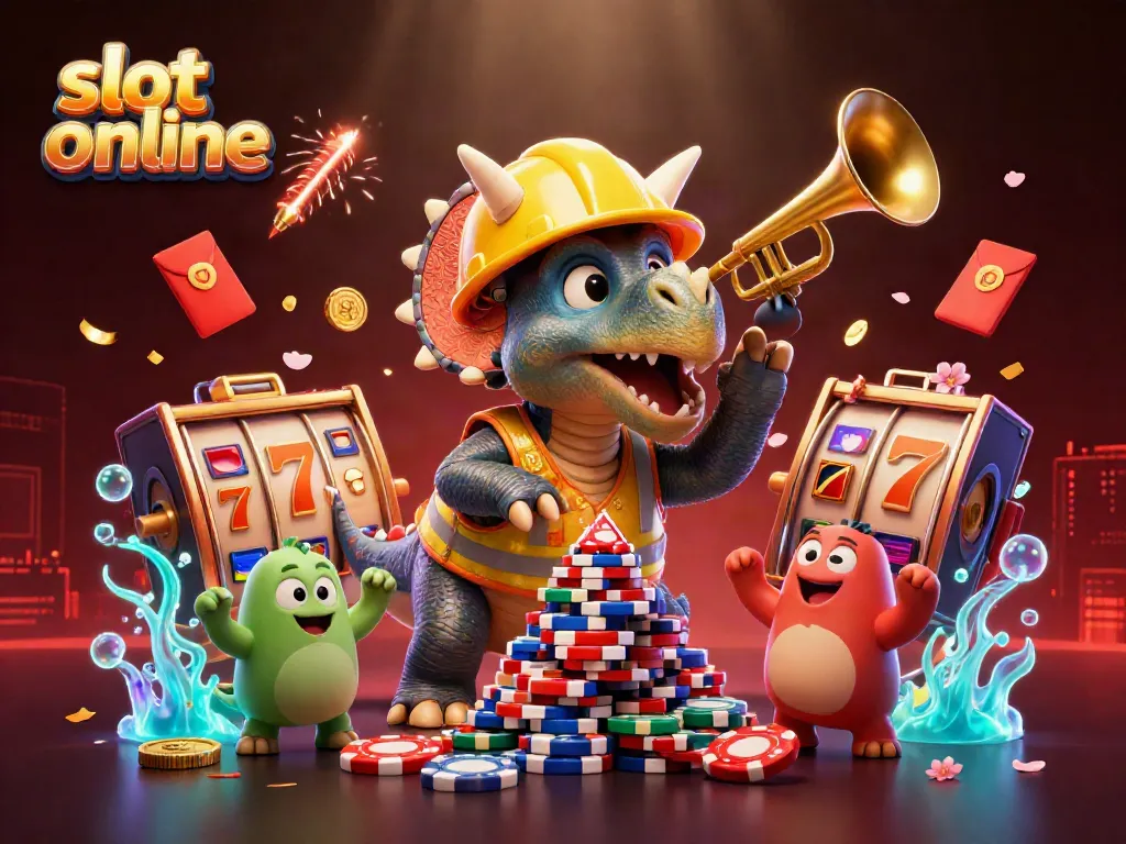Engage with slot online excitement as a cartoon triceratops builds poker chip pyramids amid celebratory elements.