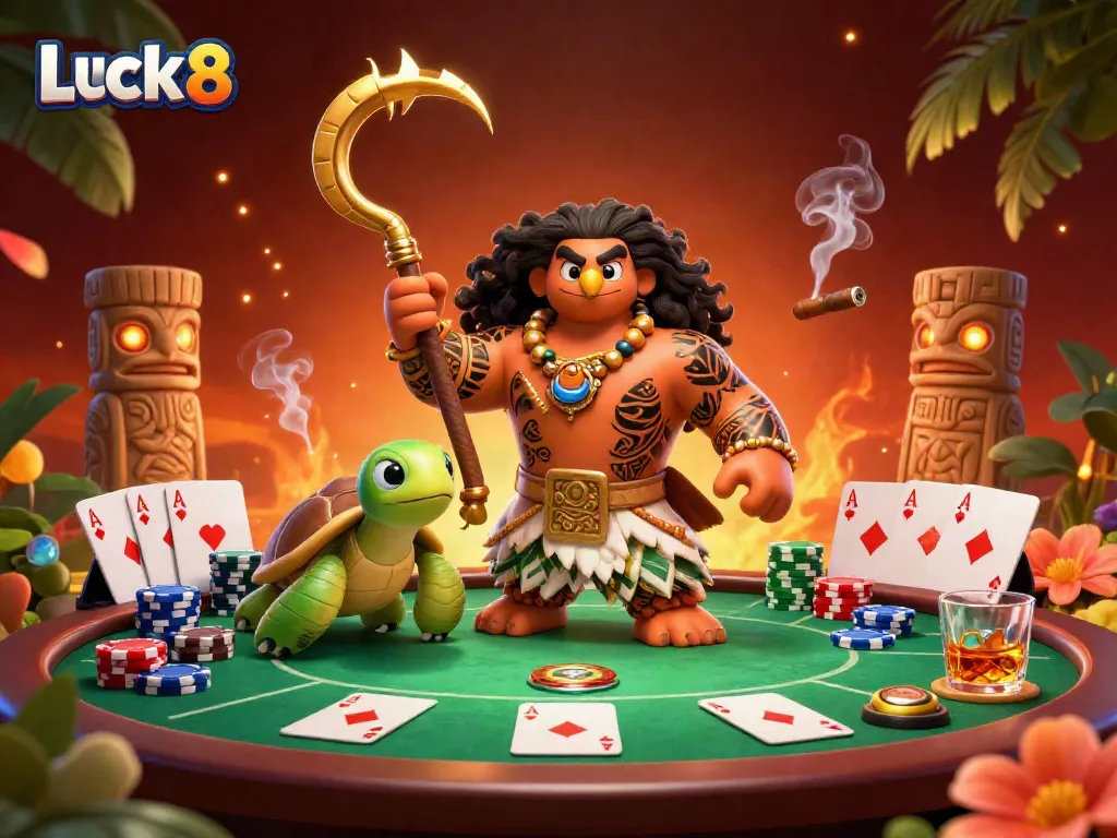Engage in luck8 đăng nhập with our dynamic illustration of an epic poker scene featuring a demigod and vibrant casino elements.