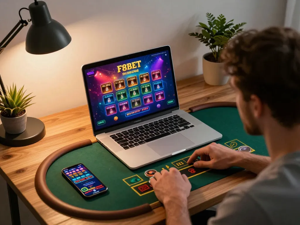 Player engaging with F8BET online casino app during a live dealer session, showcasing a strategic gaming atmosphere.