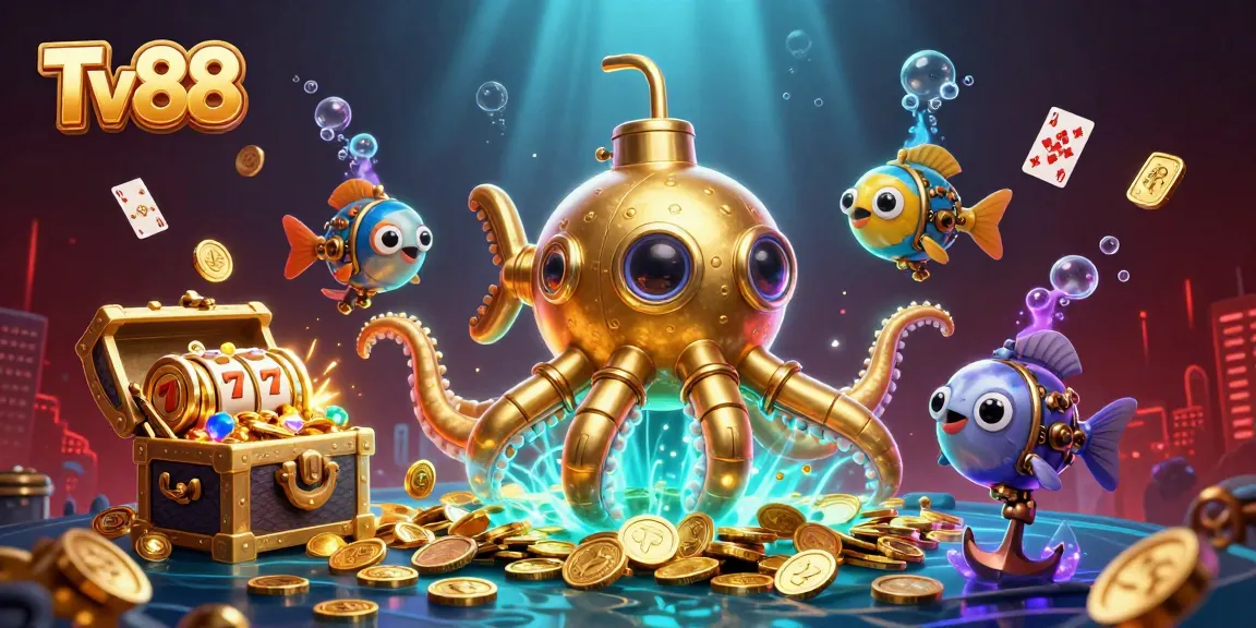Experience the excitement of Tv88 with vibrant slot reels and golden treasures in this dynamic casino-themed scene.