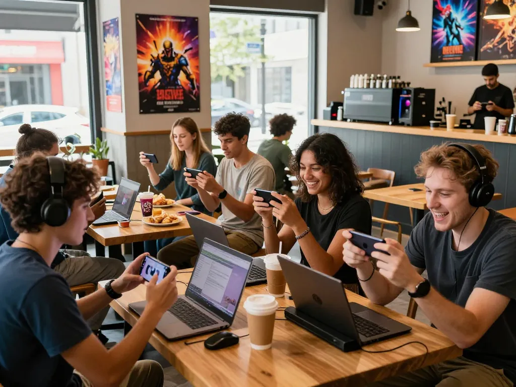 Group enjoying mobile games at AUTOWIN88 café, showcasing excitement and gaming culture.