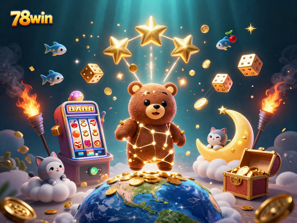 Experience the excitement of 78win with a vibrant 3D illustration showcasing slots, golden stars, and thrilling casino games.