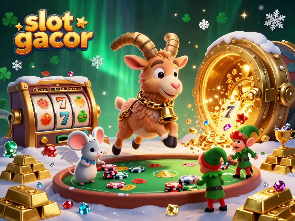 Engage in the fun of slot gacor with a cartoon Krampus goat in a vibrant casino scene.