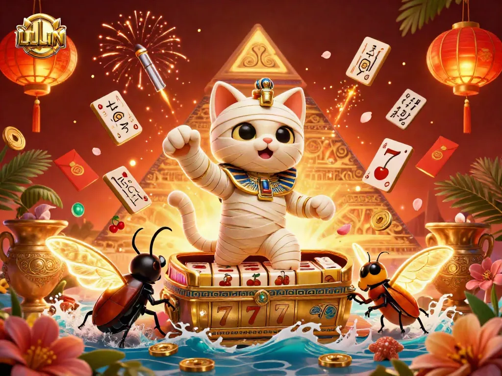 LLWIN's exciting gaming world visualized with a vibrant Egyptian mummy cat, glowing elements, and immersive slot themes.