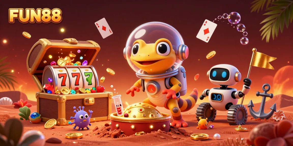 Experience FUN88 with a vibrant scene of a Martian gecko discovering a golden casino full of gaming treasures.