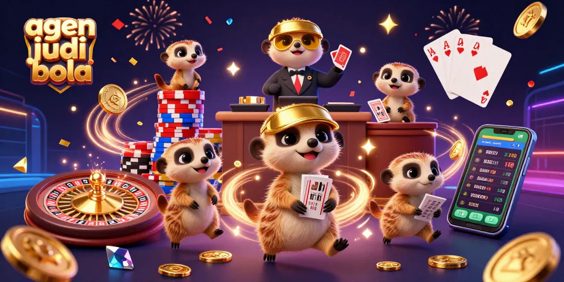Agen judi bola scene depicting a lively meerkat casino operation with flamboyant card dealers and exciting betting action.