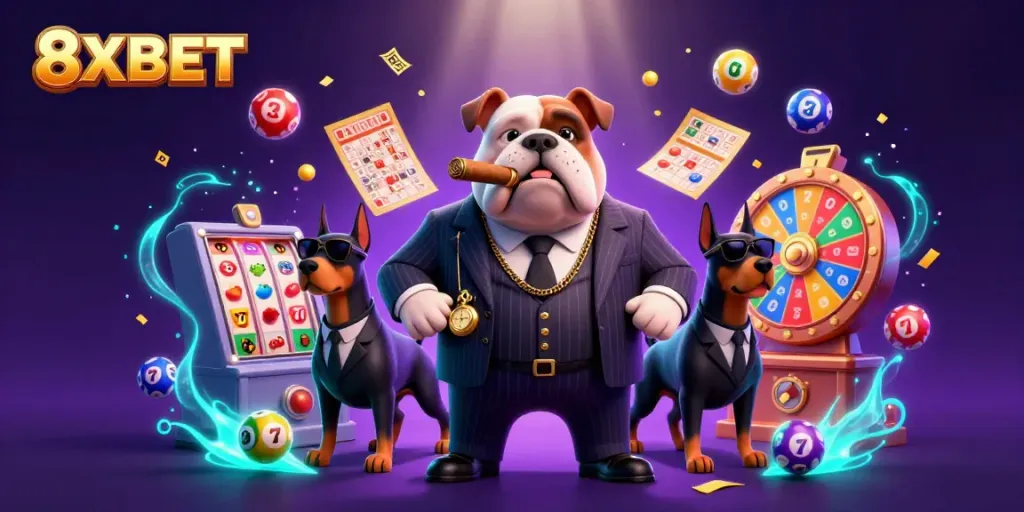 Experience thrilling gambling action with 8XBET illustrated as cartoon characters in a vibrant casino setting.