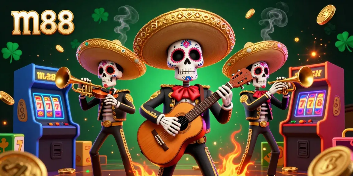 Experience thrilling wins at m88 with vibrant 3D skeleton mariachi and casino game elements.