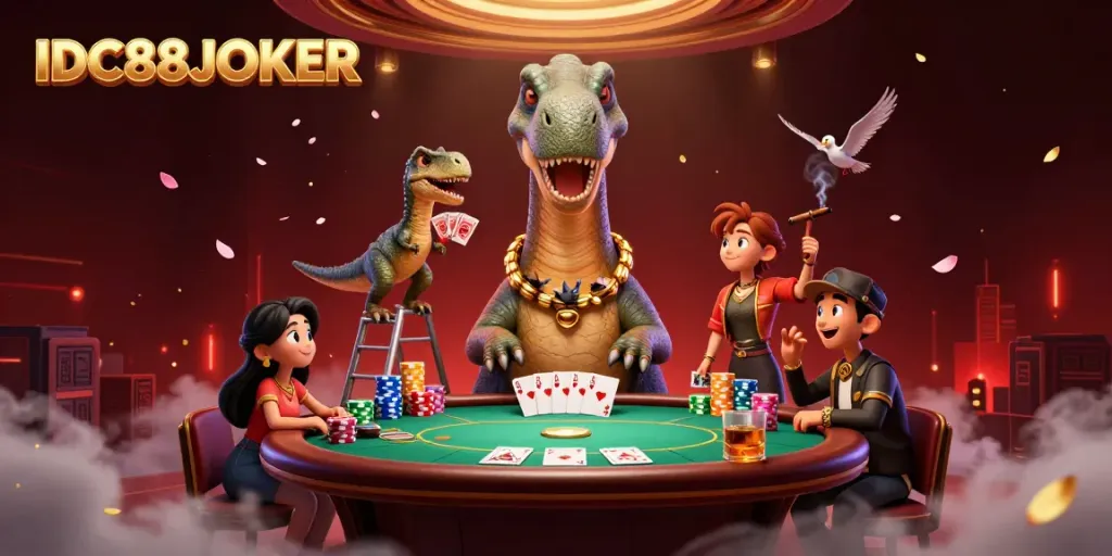 Experience excitement with IDC88JOKER as a brontosaurus overlooks a poker game packed with energy.