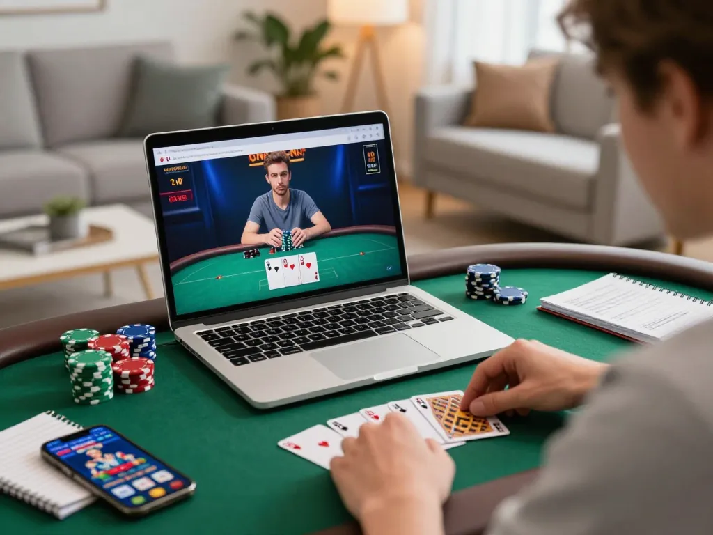Engaged gambler using vegasslot77 for an online poker game on a modern laptop