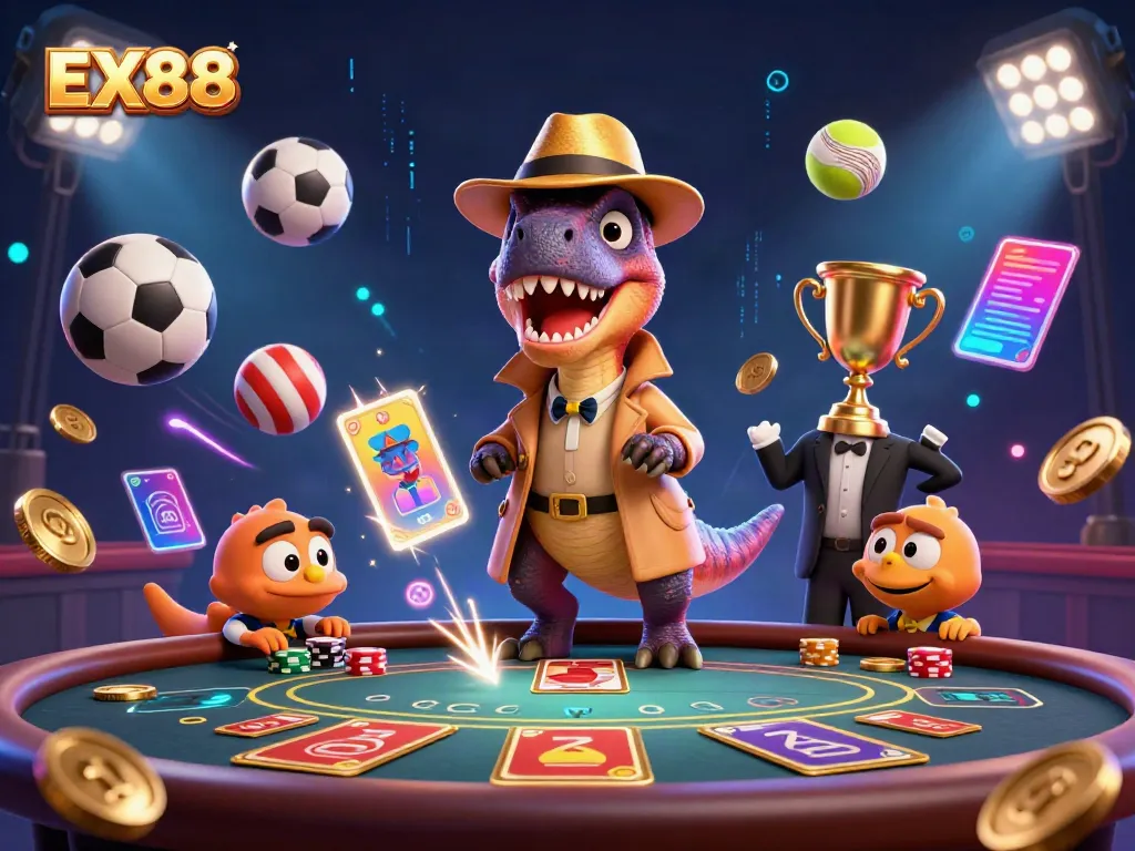 Watch the EX88 velociraptor gaming at blackjack surrounded by thrilling casino elements