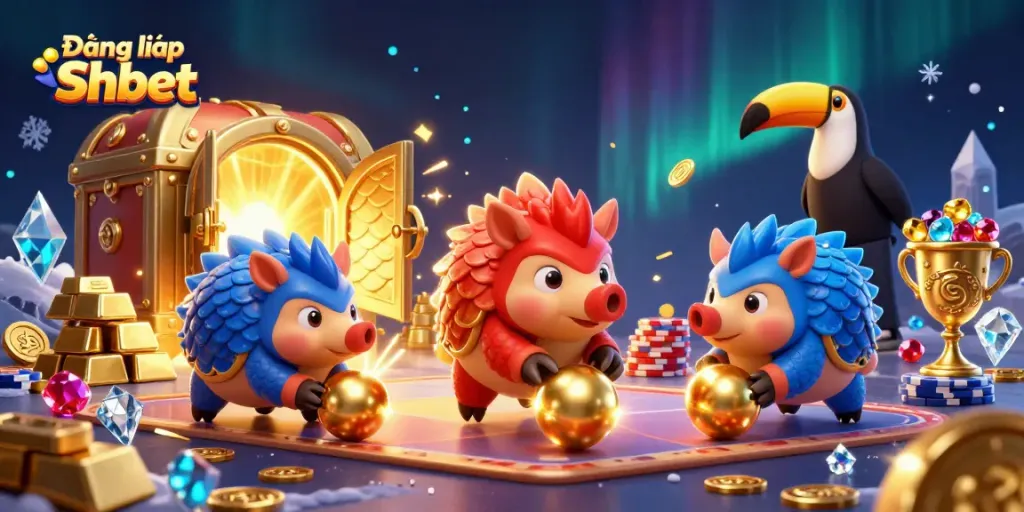 Experience a thrilling game scene with rival pangolins and the Đăng nhập Shbet brand in a vibrant casino.