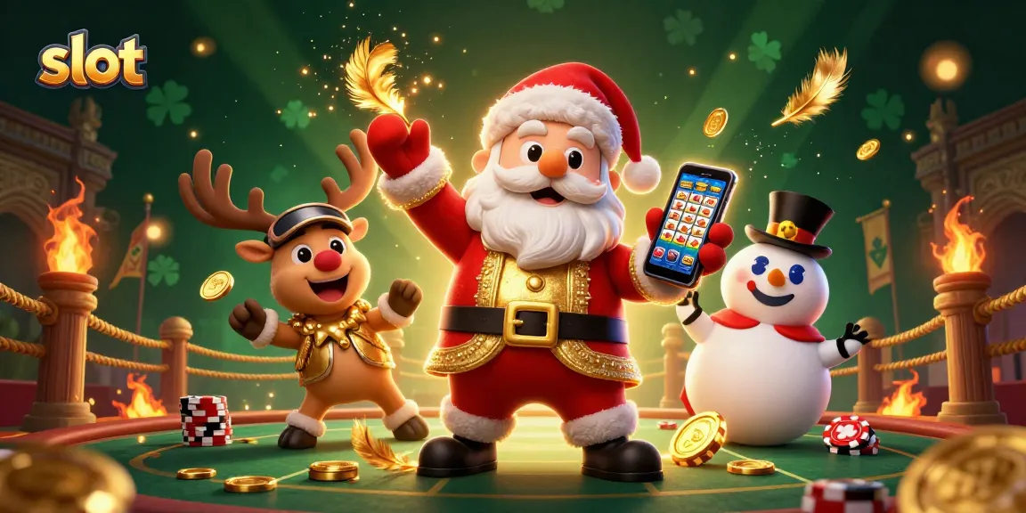Spin slot reels and win jackpots with Santa and his casino friends in a vibrant scene.