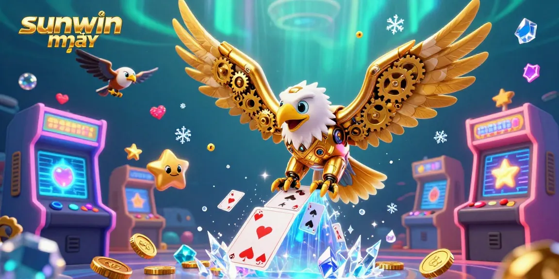 Experience the thrill of gaming with sunwin mới featuring a cybernetic golden eagle and colorful casino elements.