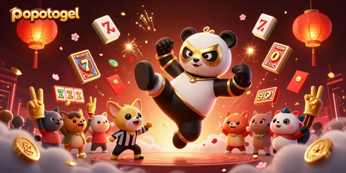 Popotogel showcases a panda wrestler in action, surrounded by casino elements and vibrant animations.