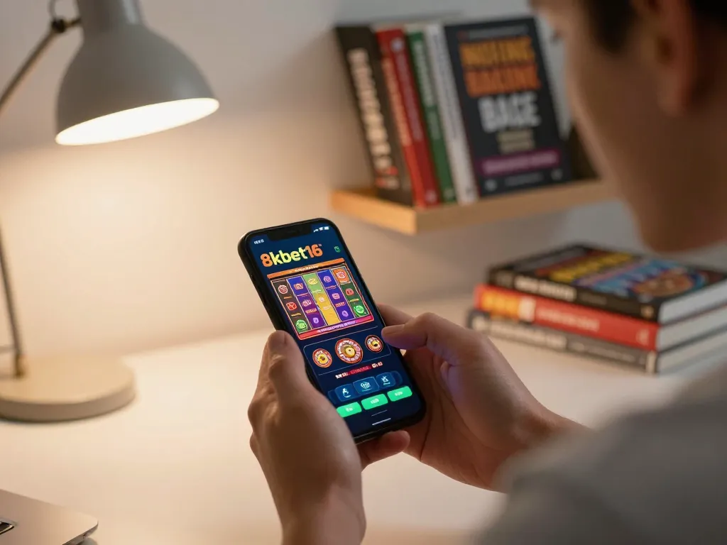 Engaged player using 8kbet16 casino app on smartphone in modern home office setting.
