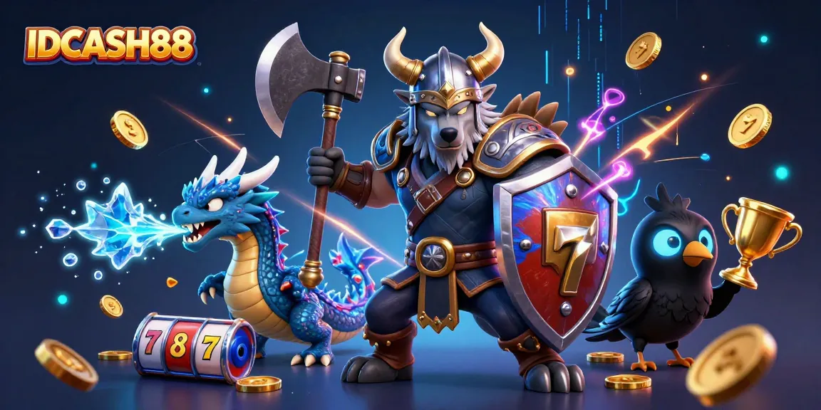 Spin and win with IDCASH88 as a Viking warrior battles fortune in an exciting slot scene.