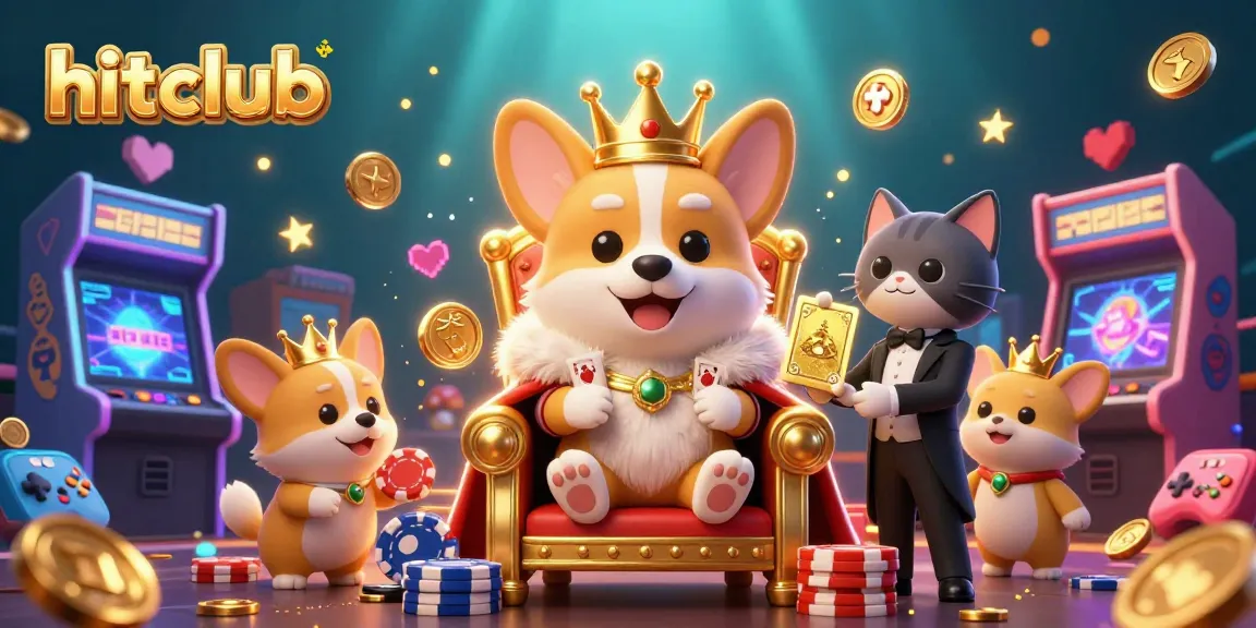 Engage in play at hitclub with a royal corgi on its poker chip throne and game controllers around