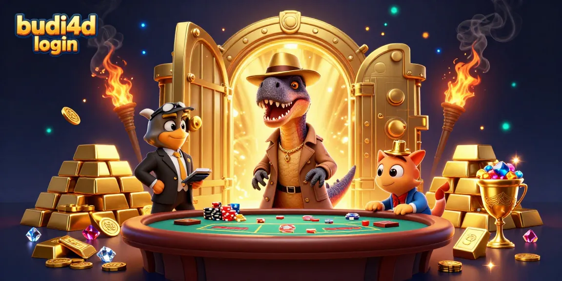 Budi4d login scene with a velociraptor card counter at a blackjack table amidst gold treasures.