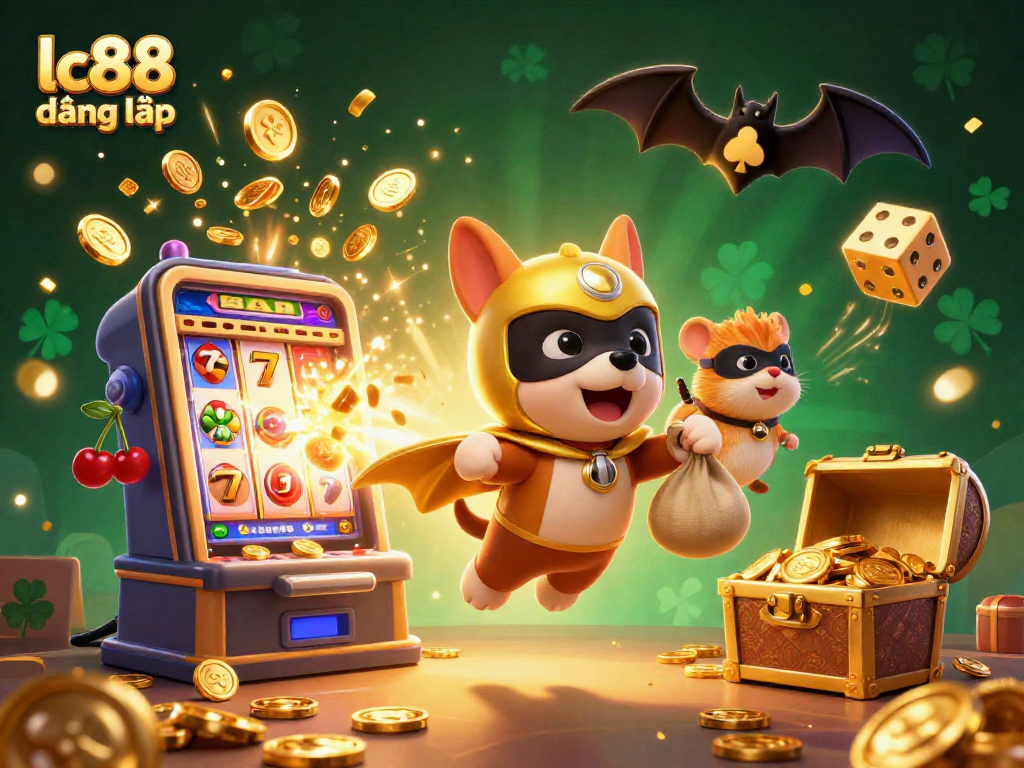 Experience lc88 đăng nhập with a superhero dog and vibrant casino imagery, showcasing excitement and winning potential.