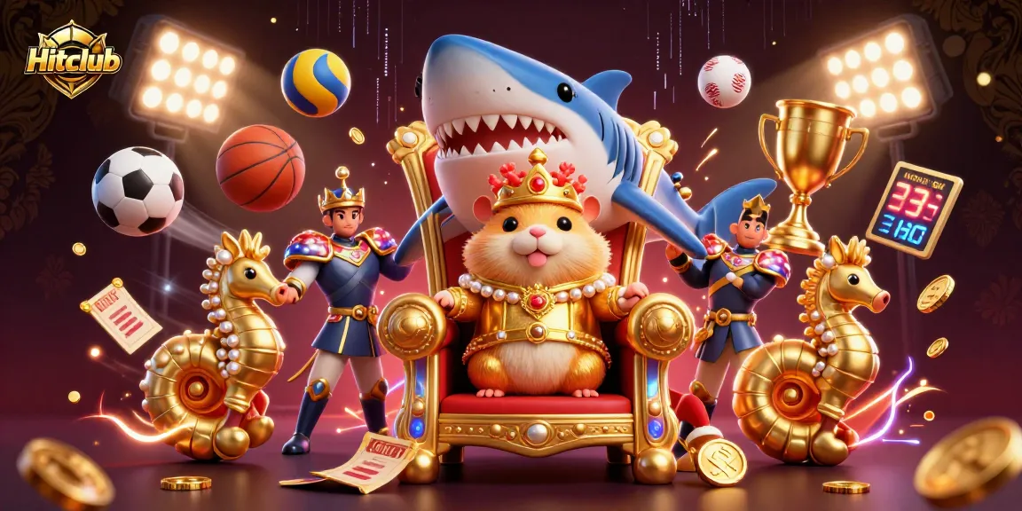 Hitclub showcases a vibrant scene with a golden hamster king, sports elements, and dynamic energy