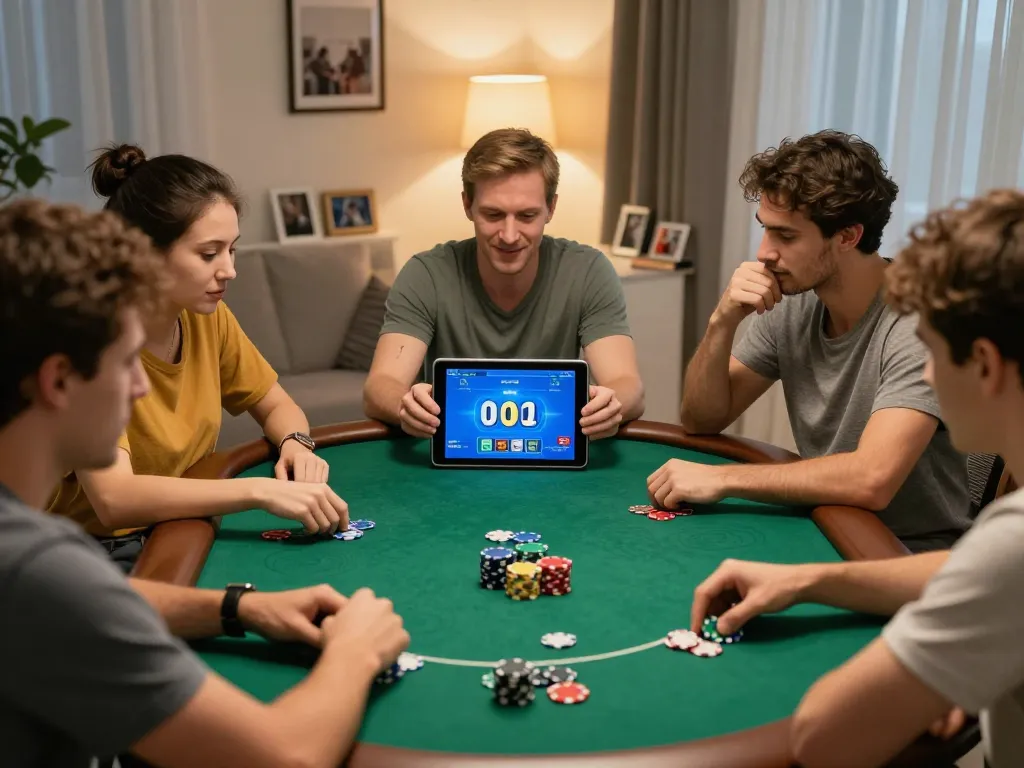 abc8 players strategizing during an online poker game at home, focused expressions and colorful chips.