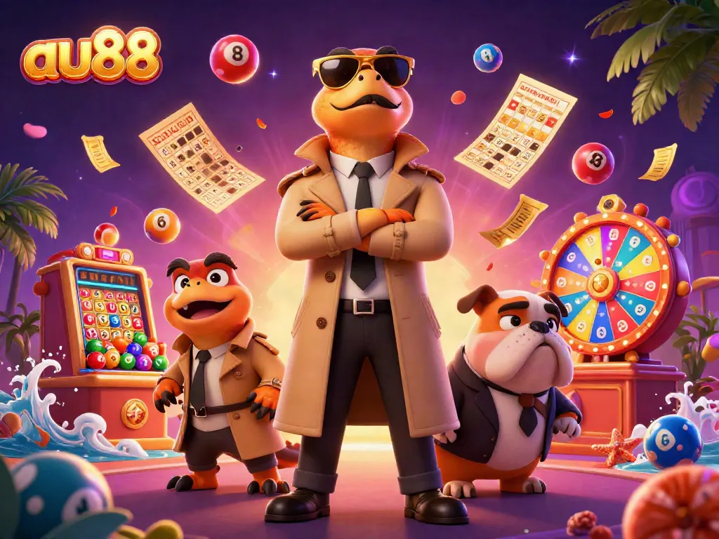 Experience the vibrant excitement of au88 with colorful lottery elements and playful raptors in a VIP casino setting.
