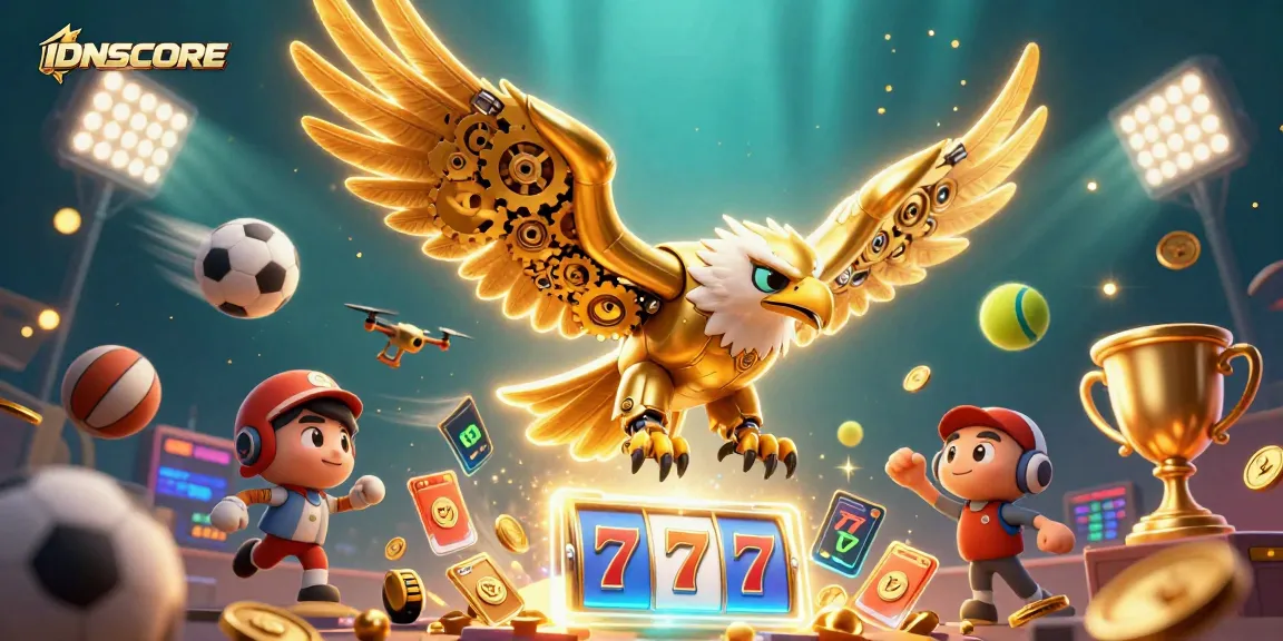 Experience the thrill of IDNSCORE online slots with dynamic imagery of a golden eagle amidst captivating casino elements.