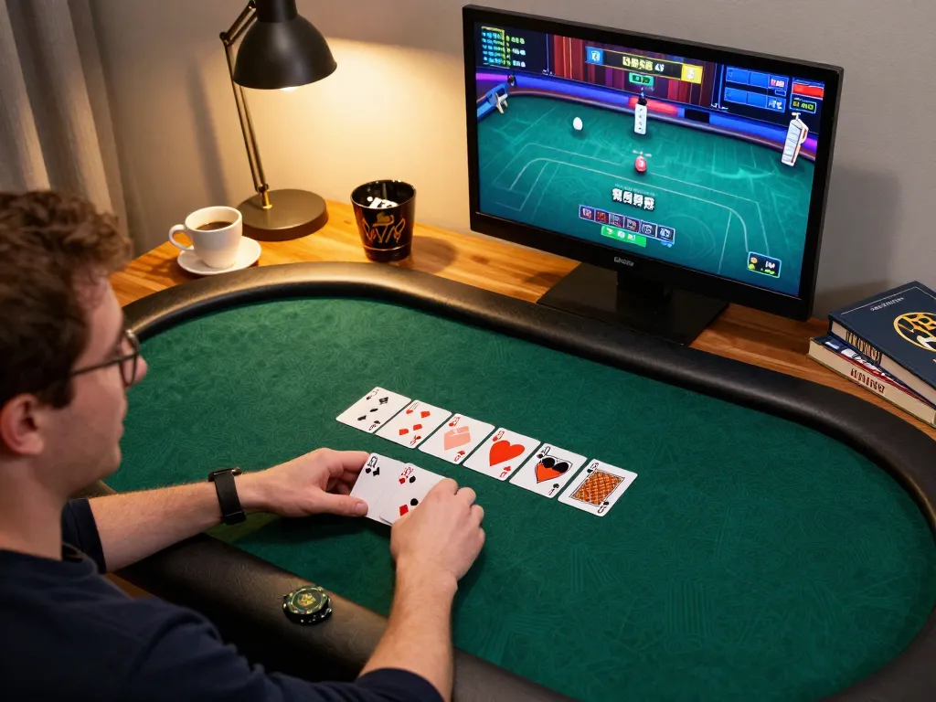 Engaged player strategically betting at gg88 com online poker game from a cozy home setup.