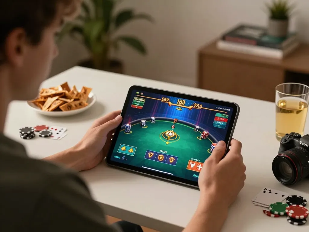 Engaging in poker gaming on GG88 tablet with cozy setup and strategic atmosphere.