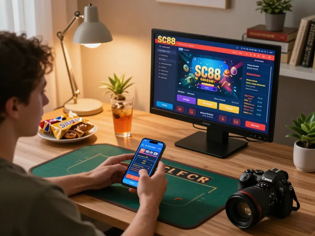 Experience live betting excitement with SC88 Com on a smartphone while enjoying cozy home setup.