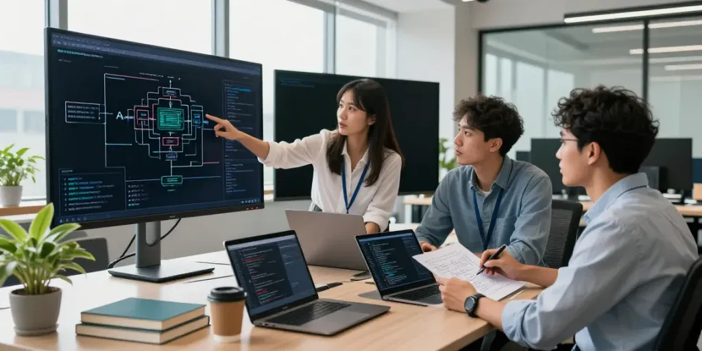 Team collaboration in enterprise AI development, showcasing innovative workspace dynamics.