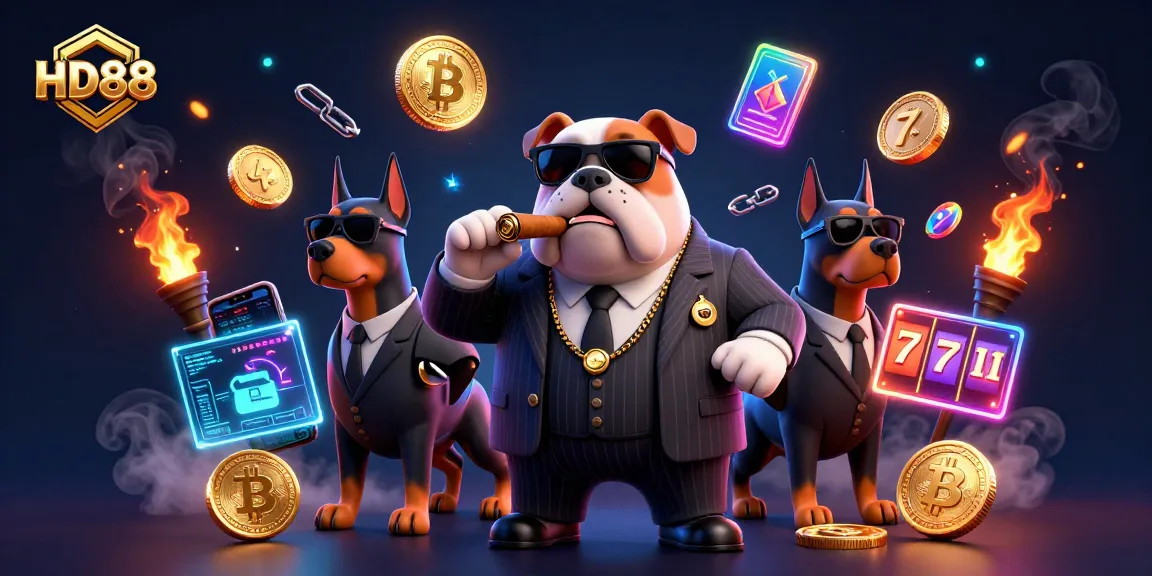 Engaging HD88 casino illustration showcasing a bulldog mob boss with neon crypto elements amidst vibrant slot games.