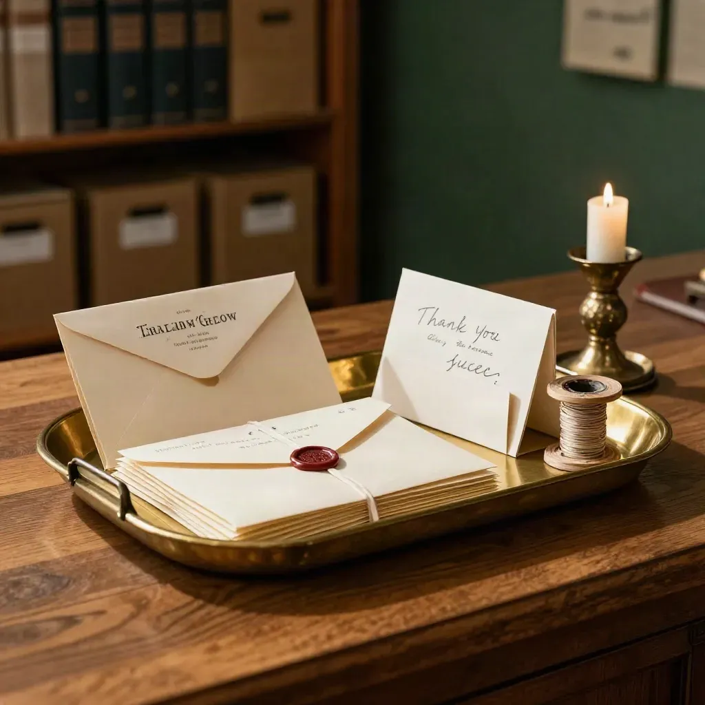 Brass tray with sealed donor envelopes, ribbon spools, candleholders, and a turned-away card rack.
