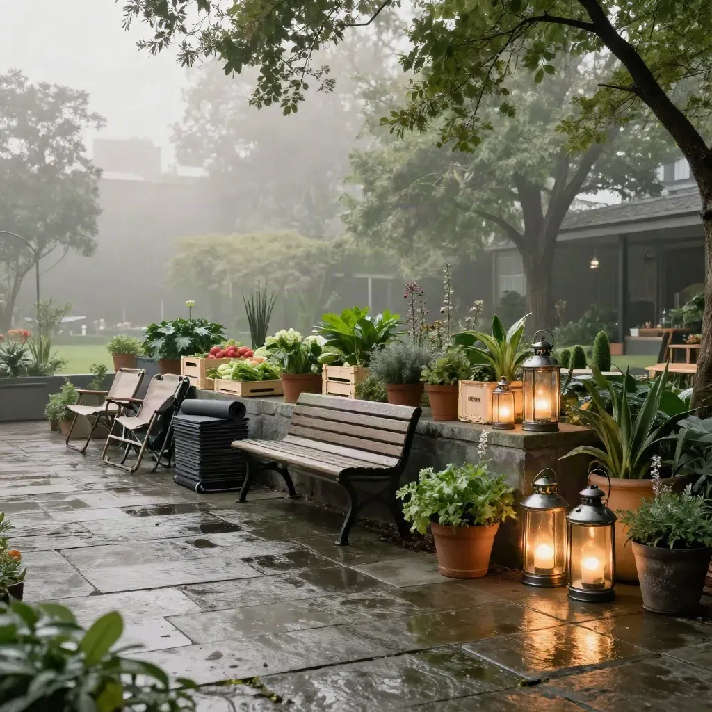 Rain-soaked community courtyard with benches, chairs, mats, crates and lanterns in dawn mist