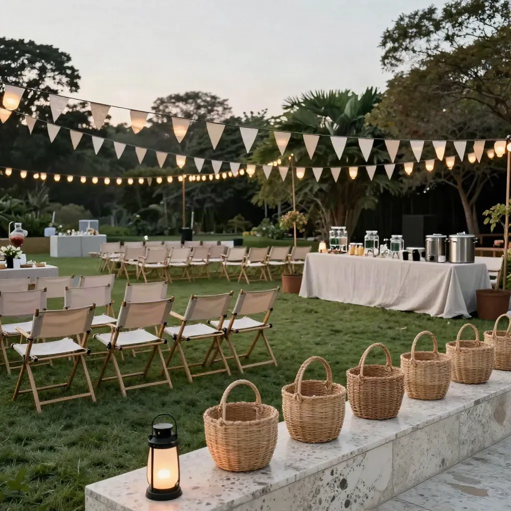 Dusk fundraising lawn with lanterns, chairs, stage riser, beverage stations and raffle baskets.