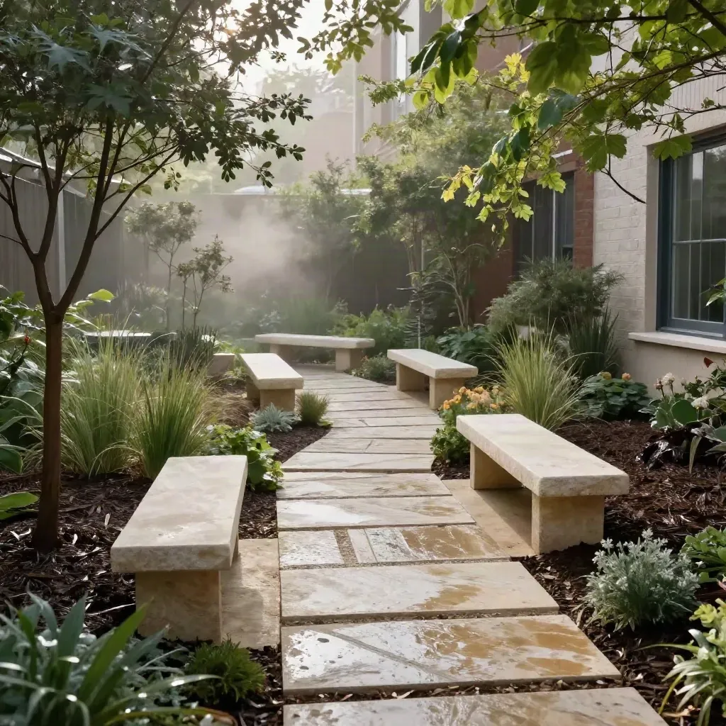 Freshly finished community garden courtyard with new benches, young trees, and wet stone paths.
