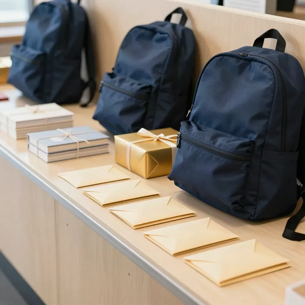 Scholarship pickup materials: backpacks, award boxes, book bundles and sealed envelopes on a bright counter.