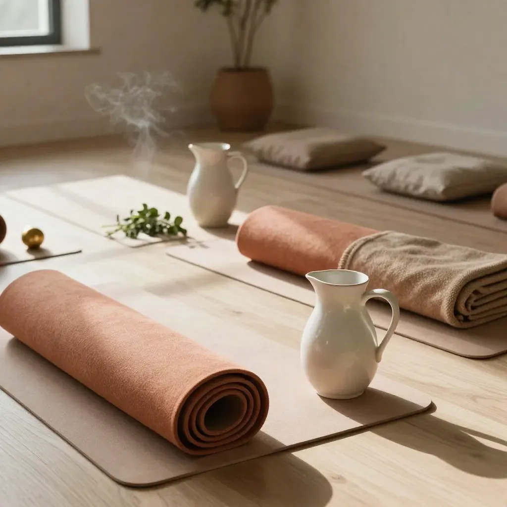 Serene wellness room with rolled mats, pitchers, blankets, herbs and cushions on pale wood.