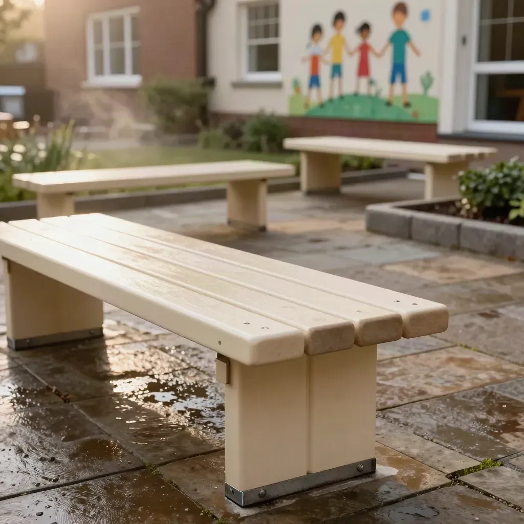 Fresh courtyard bench beside cedar beds and wet stone after rain