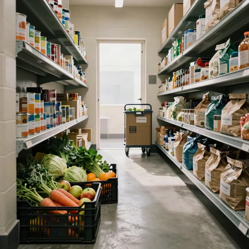 Stocked pantry corridor with produce crates, canned shelves, carts and bins in soft doorway haze.