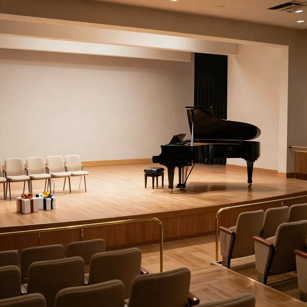 Empty scholarship-night auditorium with lit stage, aligned chairs, gift boxes and a piano