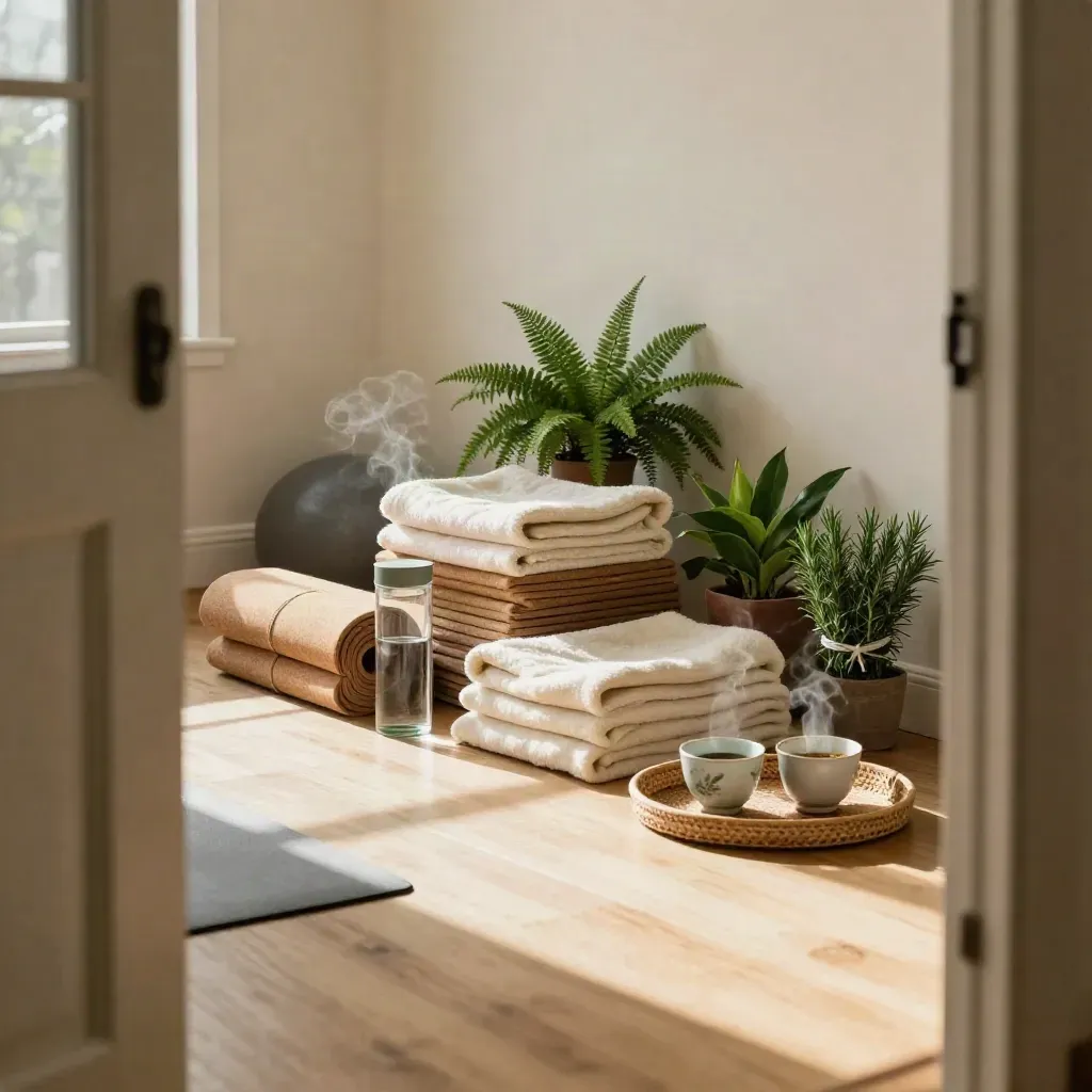 Empty wellness room reset with yoga mats, blankets, water carafes and herb bundles in warm sun.
