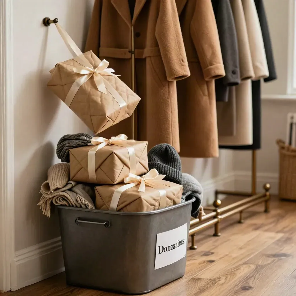 Overflowing donor bin with wrapped boxes, coats on pegs, and warm gold holiday donations