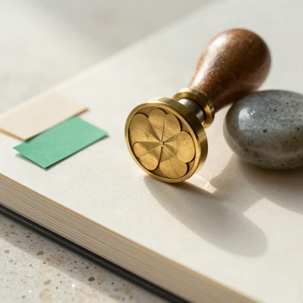 Brass clover seal on travertine desk beside color tabs and a stone paperweight