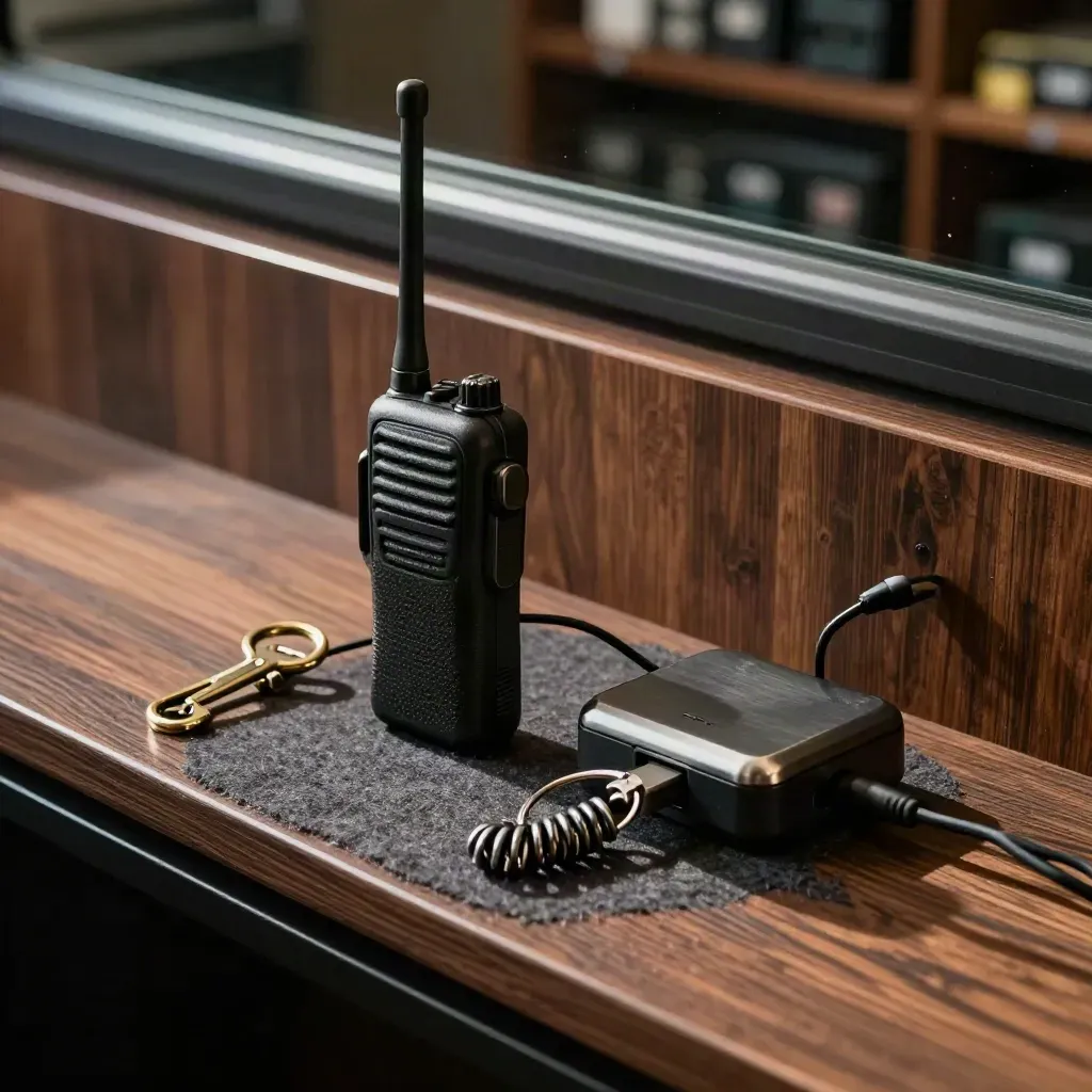 Radio, lanyard clip, key ring, and charging base on felt in dramatic studio light.
